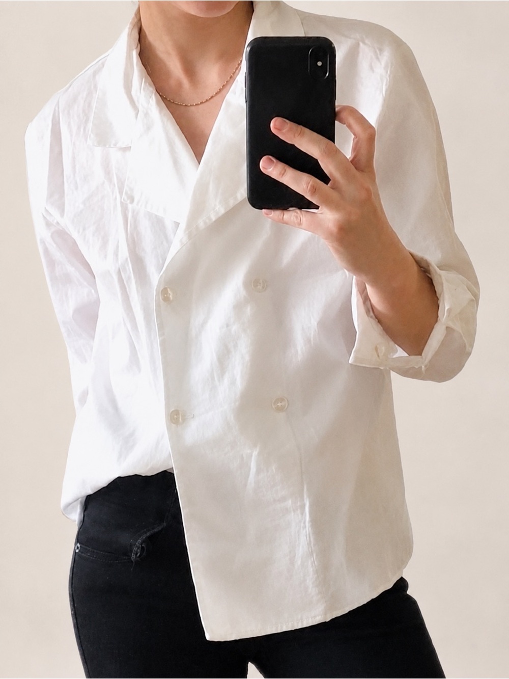 Vintage White Long Sleeve Collared Double Breasted Button Down Tuxedo Blouse M